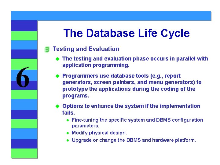 The Database Life Cycle 4 Testing and Evaluation 6 u The testing and evaluation