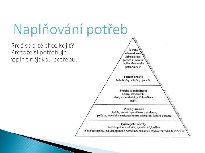 Naplňování potřeb Proč se dítě chce kojit? Protože si potřebuje naplnit nějakou potřebu. 