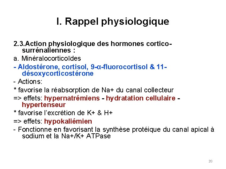 I. Rappel physiologique 2. 3. Action physiologique des hormones corticosurrénaliennes : a. Minéralocorticoïdes -