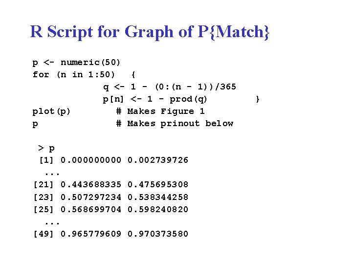 R Script for Graph of P{Match} p <- numeric(50) for (n in 1: 50)