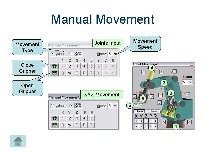 Manual Movement Type Movement Speed Joints Input Close Gripper Open Gripper 4 3 2