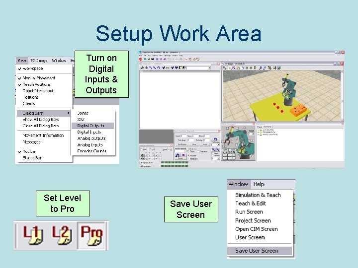 Setup Work Area Turn on Digital Inputs & Outputs Set Level to Pro Save