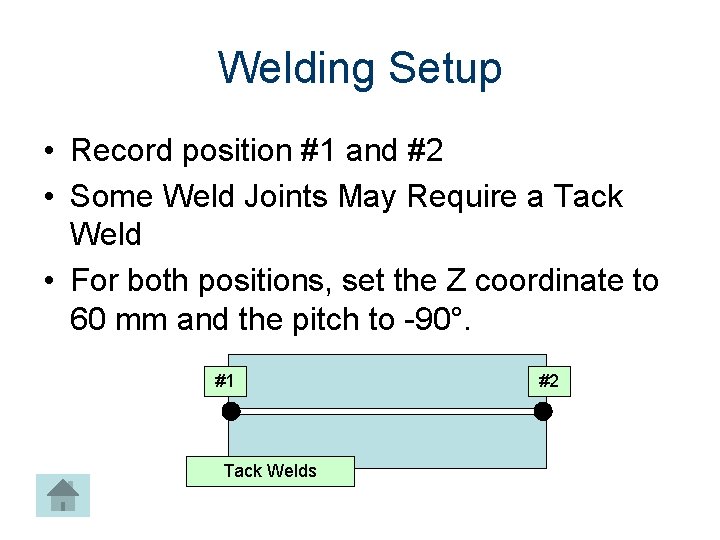 Welding Setup • Record position #1 and #2 • Some Weld Joints May Require