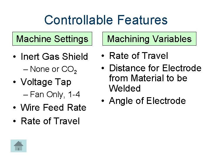 Controllable Features Machine Settings Machining Variables • Inert Gas Shield • Rate of Travel