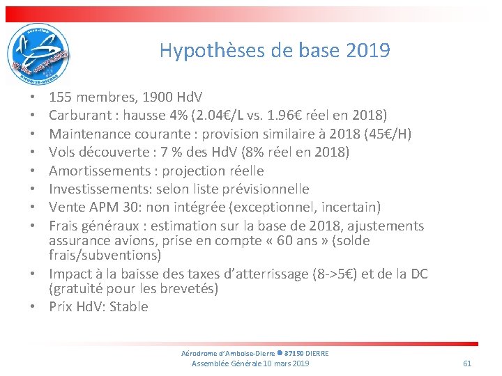 Hypothèses de base 2019 155 membres, 1900 Hd. V Carburant : hausse 4% (2.