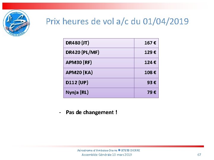 Prix heures de vol a/c du 01/04/2019 DR 480 (JT) 167 € DR 420