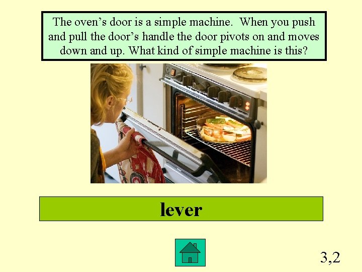 The oven’s door is a simple machine. When you push and pull the door’s