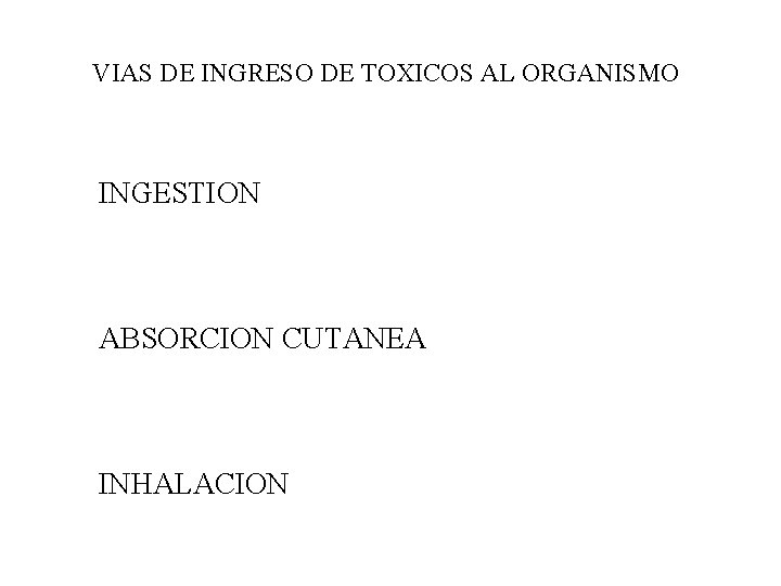 VIAS DE INGRESO DE TOXICOS AL ORGANISMO INGESTION ABSORCION CUTANEA INHALACION 