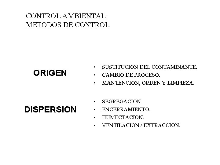 CONTROL AMBIENTAL METODOS DE CONTROL ORIGEN DISPERSION • • • SUSTITUCION DEL CONTAMINANTE. CAMBIO