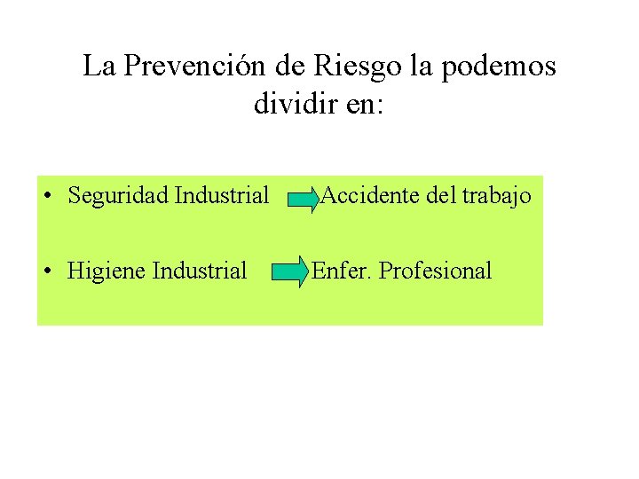 La Prevención de Riesgo la podemos dividir en: • Seguridad Industrial • Higiene Industrial