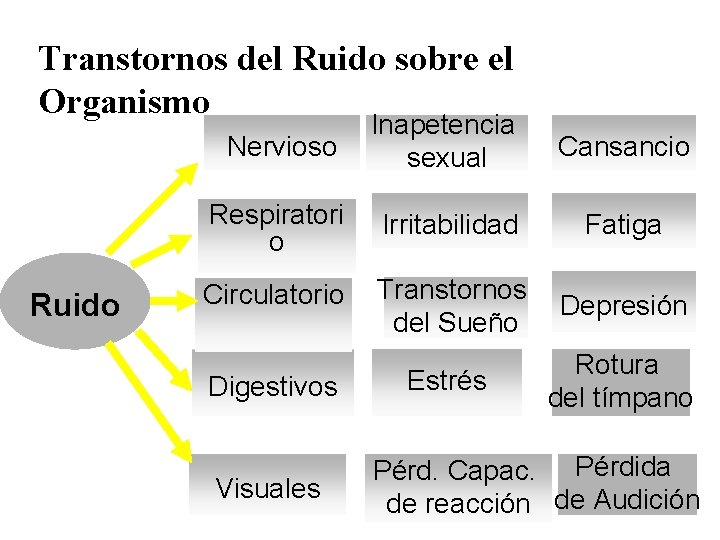 Transtornos del Ruido sobre el Organismo Ruido Nervioso Inapetencia sexual Cansancio Respiratori o Irritabilidad