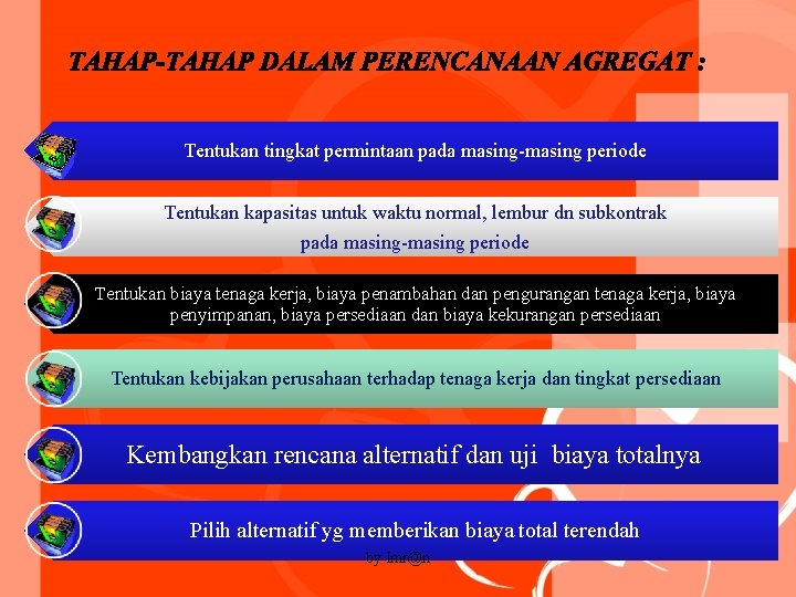 Tentukan tingkat permintaan pada masing-masing periode Tentukan kapasitas untuk waktu normal, lembur dn subkontrak