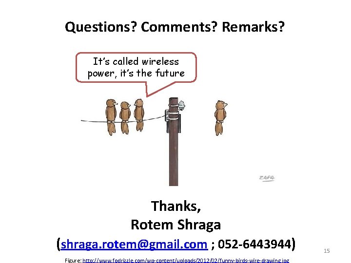 Questions? Comments? Remarks? It’s called wireless power, it’s the future Thanks, Rotem Shraga (shraga. Questions? Comments? Remarks? It’s called wireless power, it’s the future Thanks, Rotem Shraga (shraga.