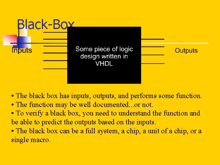 Black-Box • The black box has inputs, outputs, and performs some function. • The