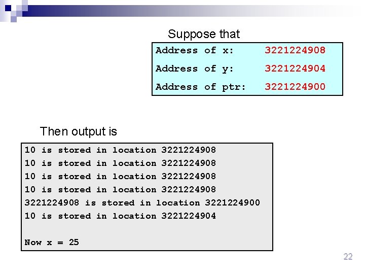 Suppose that Address of x: 3221224908 Address of y: 3221224904 Address of ptr: 3221224900