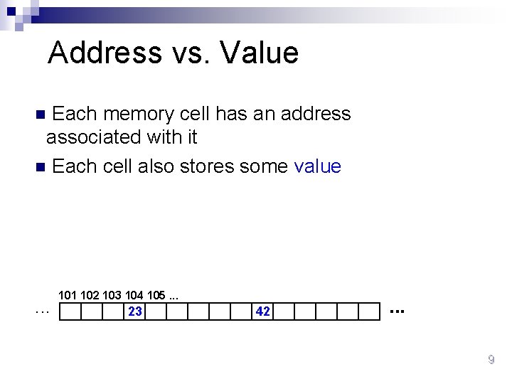 Address vs. Value Each memory cell has an address associated with it n Each