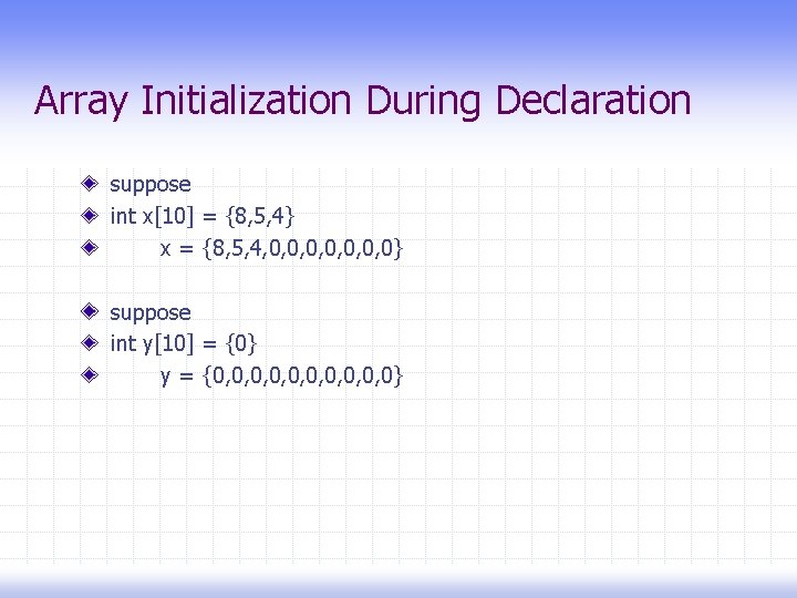 Array Initialization During Declaration suppose int x[10] = {8, 5, 4} x = {8,