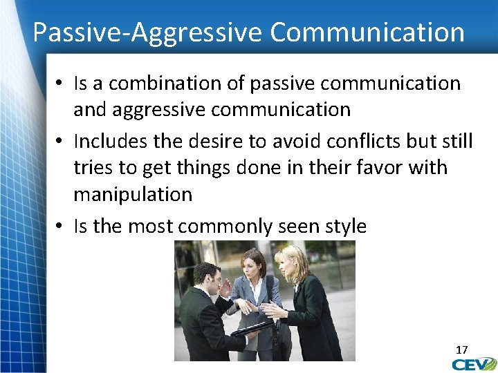 Passive-Aggressive Communication • Is a combination of passive communication and aggressive communication • Includes