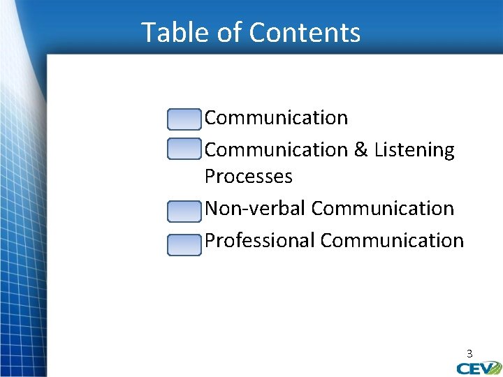 Table of Contents • Communication & Listening Processes • Non-verbal Communication • Professional Communication