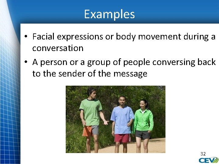 Examples • Facial expressions or body movement during a conversation • A person or