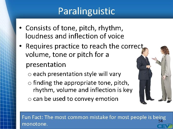 Paralinguistic • Consists of tone, pitch, rhythm, loudness and inflection of voice • Requires