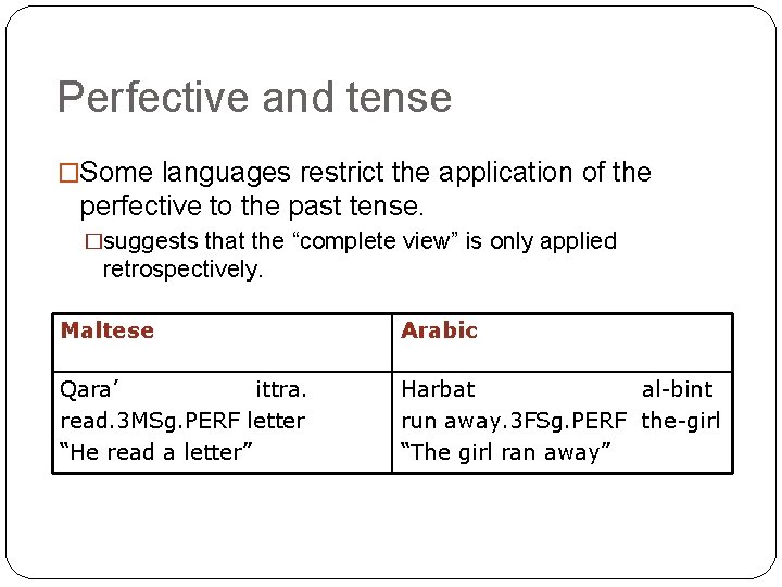 Perfective and tense �Some languages restrict the application of the perfective to the past