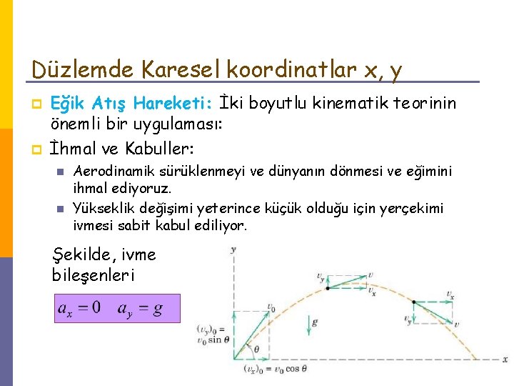 Düzlemde Karesel koordinatlar x, y p p Eğik Atış Hareketi: İki boyutlu kinematik teorinin