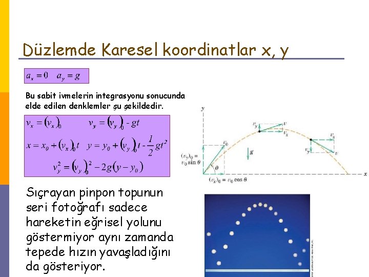 Düzlemde Karesel koordinatlar x, y Bu sabit ivmelerin integrasyonu sonucunda elde edilen denklemler şu