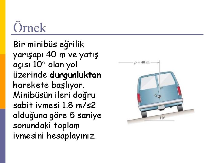 Örnek Bir minibüs eğrilik yarışapı 40 m ve yatış açısı 10 olan yol üzerinde