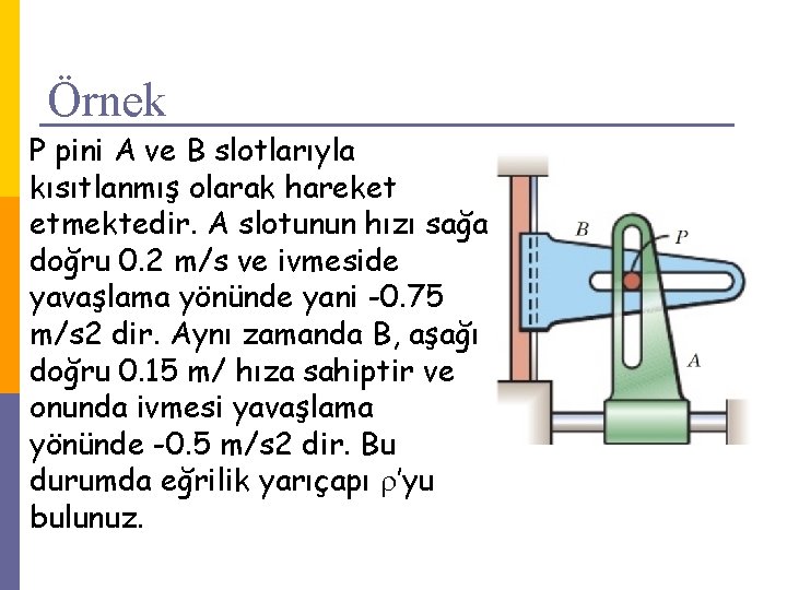 Örnek P pini A ve B slotlarıyla kısıtlanmış olarak hareket etmektedir. A slotunun hızı