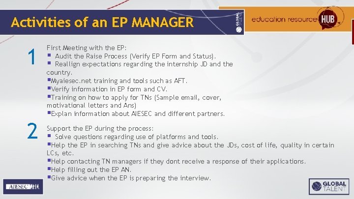 Activities of an EP MANAGER 1 2 First Meeting with the EP: § Audit