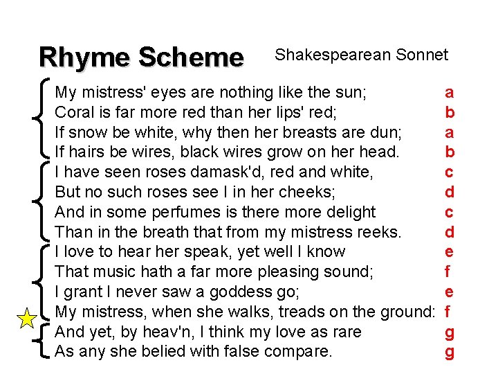 Rhyme Scheme Shakespearean Sonnet My mistress' eyes are nothing like the sun; Coral is
