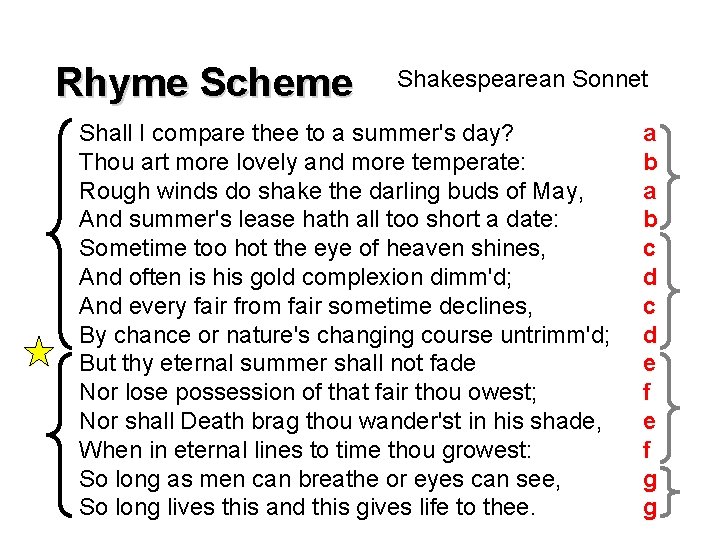 Rhyme Scheme Shakespearean Sonnet Shall I compare thee to a summer's day? Thou art