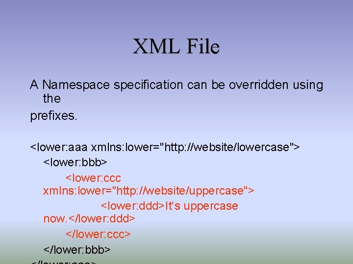 XML File A Namespace specification can be overridden using the prefixes. <lower: aaa xmlns: