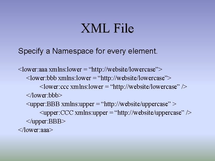 XML File Specify a Namespace for every element. <lower: aaa xmlns: lower = “http: