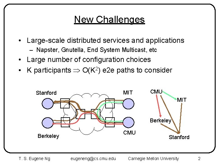 New Challenges • Large-scale distributed services and applications – Napster, Gnutella, End System Multicast,