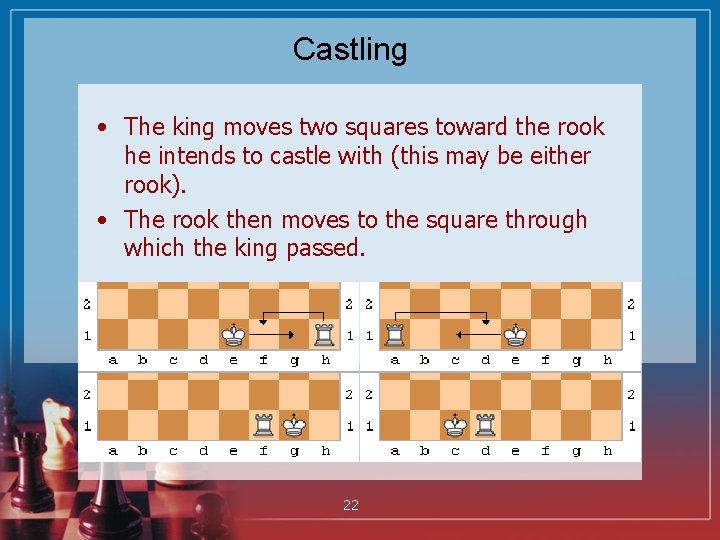Castling • The king moves two squares toward the rook he intends to castle