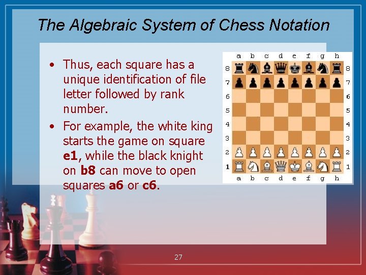 The Algebraic System of Chess Notation • Thus, each square has a unique identification