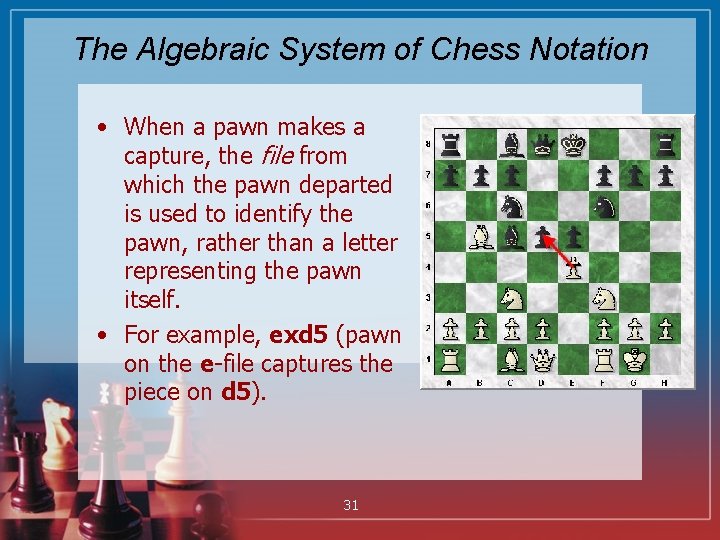 The Algebraic System of Chess Notation • When a pawn makes a capture, the