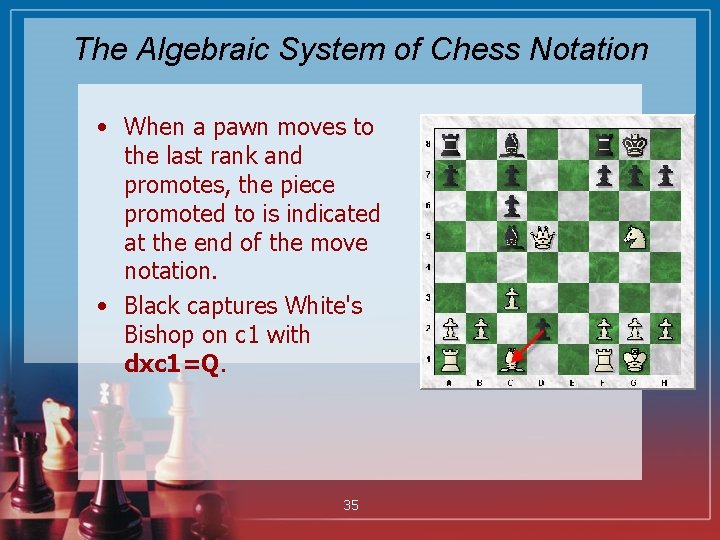 The Algebraic System of Chess Notation • When a pawn moves to the last