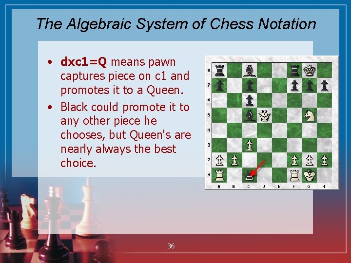 The Algebraic System of Chess Notation • dxc 1=Q means pawn captures piece on