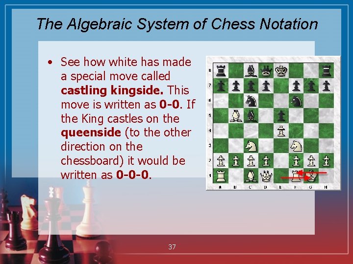 The Algebraic System of Chess Notation • See how white has made a special