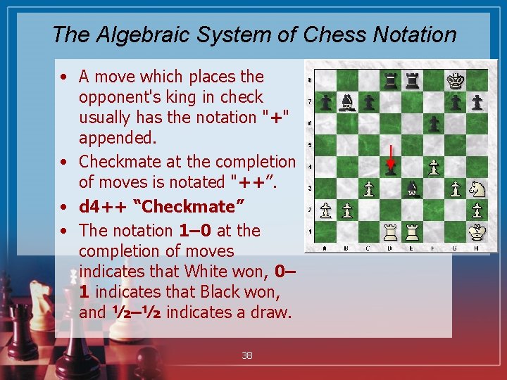 The Algebraic System of Chess Notation • A move which places the opponent's king