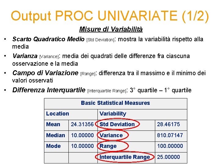 Output PROC UNIVARIATE (1/2) Misure di Variabilità • Scarto Quadratico Medio [Std Deviation]: mostra