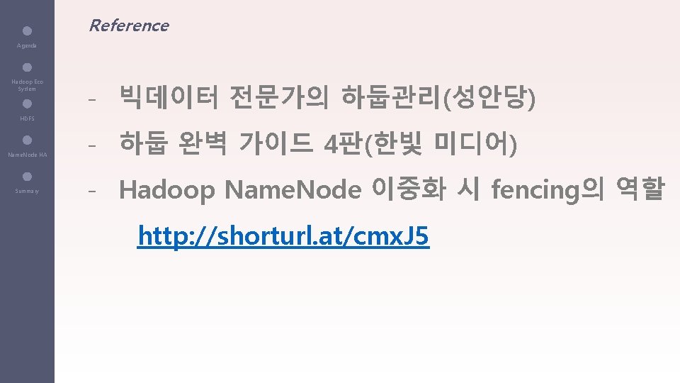 Reference Agenda Hadoop Eco System - 빅데이터 전문가의 하둡관리(성안당) HDFS Name. Node HA Summary