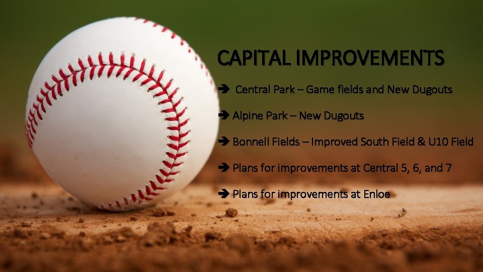 CAPITAL IMPROVEMENTS Central Park – Game fields and New Dugouts Alpine Park – New