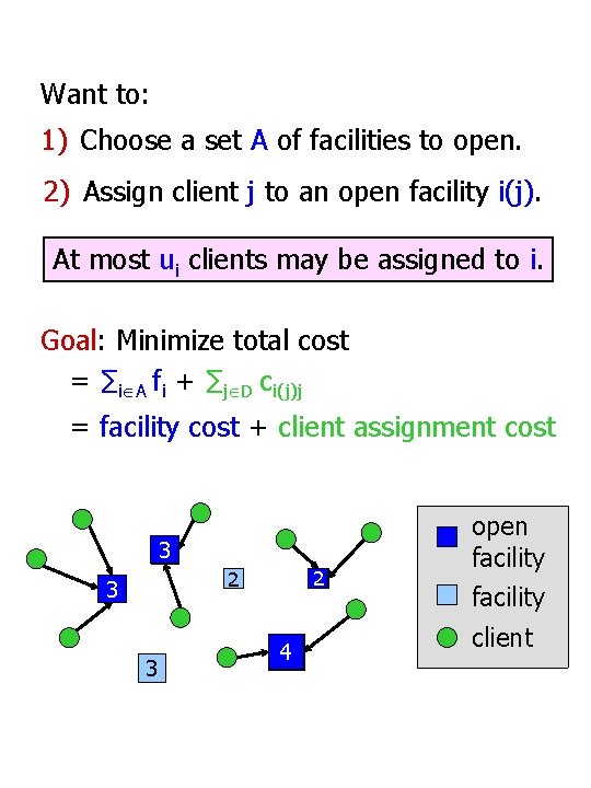 Want to: 1) Choose a set A of facilities to open. 2) Assign client