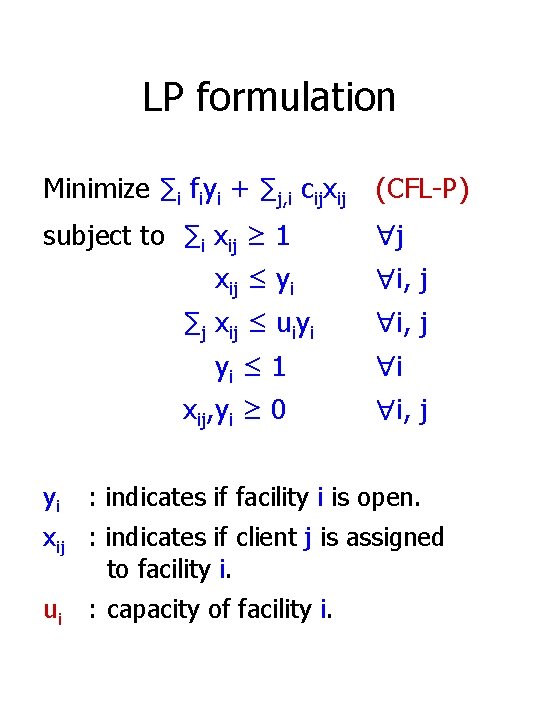 LP formulation Minimize ∑i fiyi + ∑j, i cijxij (CFL-P) subject to ∑i xij