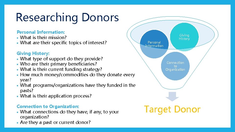 Researching Donors Personal Information: • What is their mission? • What are their specific