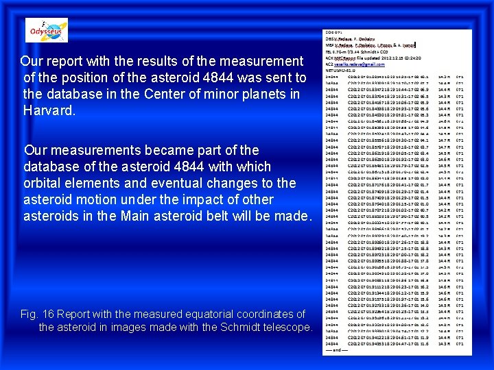  Our report with the results of the measurement of the position of the